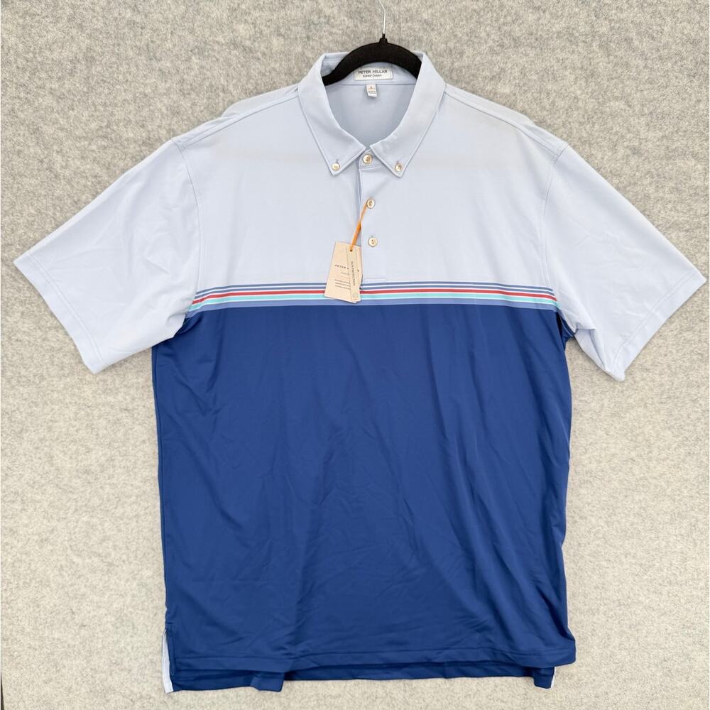 NWT Peter Millar Campbell Blue Striped Performance Jersey Golf Polo Size LARGE
